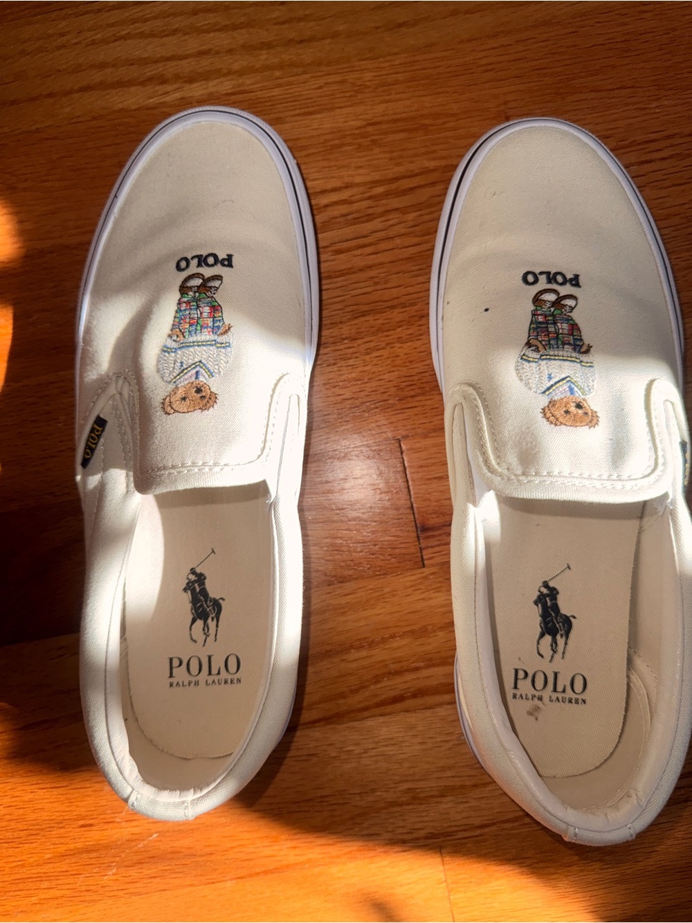 Polo by Ralph Lauren Cream Slip-On Canvas Sneakers with Embroidered Bear
